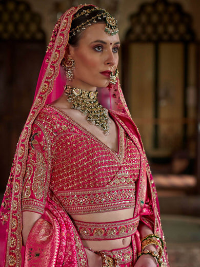 Fantastic Pink Pearl Work Silk Bridal Lehenga Choli With Double Dupatta